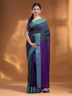 Grey and Purple Half & Half Pure Cotton handwoven soft Saree with zari border 1