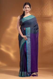 Grey and Purple Half & Half Pure Cotton handwoven soft Saree with zari border