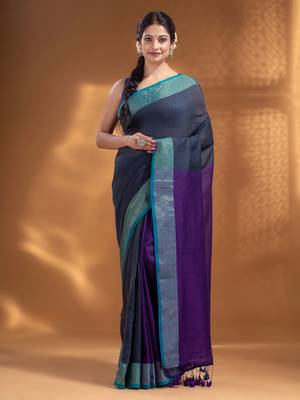 Grey and Purple Half & Half Pure Cotton handwoven soft Saree with zari border 2