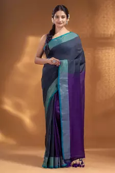 Grey and Purple Half & Half Pure Cotton handwoven soft Saree with zari border