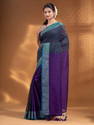 Grey and Purple Half & Half Pure Cotton handwoven soft Saree with zari border 3