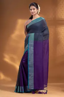 Grey and Purple Half & Half Pure Cotton handwoven soft Saree with zari border