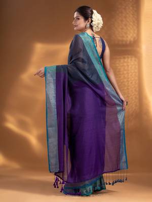 Grey and Purple Half & Half Pure Cotton handwoven soft Saree with zari border 4