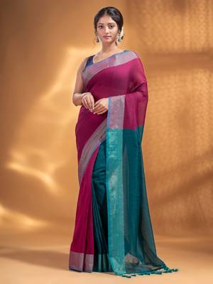 Fuchsia and Teal Half & Half Pure Cotton handwoven soft Saree with zari border 1
