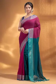 Fuchsia and Teal Half & Half Pure Cotton handwoven soft Saree with zari border
