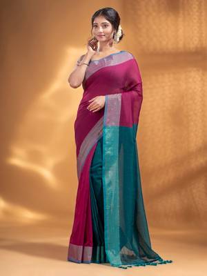 Fuchsia and Teal Half & Half Pure Cotton handwoven soft Saree with zari border 2