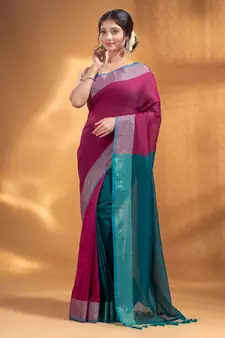Fuchsia and Teal Half & Half Pure Cotton handwoven soft Saree with zari border