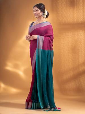 Fuchsia and Teal Half & Half Pure Cotton handwoven soft Saree with zari border 3