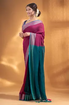 Fuchsia and Teal Half & Half Pure Cotton handwoven soft Saree with zari border