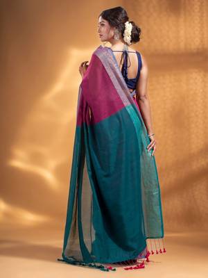 Fuchsia and Teal Half & Half Pure Cotton handwoven soft Saree with zari border 4