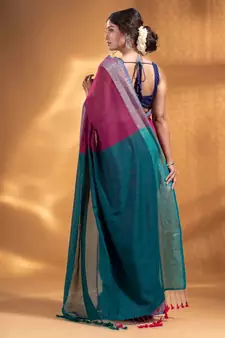 Fuchsia and Teal Half & Half Pure Cotton handwoven soft Saree with zari border