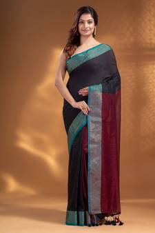 Black and maroon Half & Half Pure Cotton handwoven soft Saree with zari border