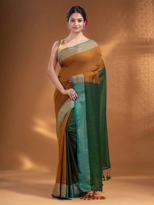 Mustard and Green Half & Half Pure Cotton handwoven soft Saree with zari border 1