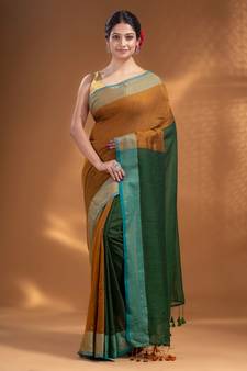 Mustard and Green Half & Half Pure Cotton handwoven soft Saree with zari border