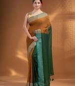 Mustard and Green Half & Half Pure Cotton handwoven soft Saree with zari border