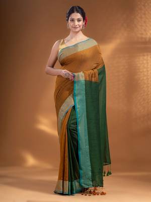 Mustard and Green Half & Half Pure Cotton handwoven soft Saree with zari border 2