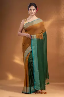Mustard and Green Half & Half Pure Cotton handwoven soft Saree with zari border