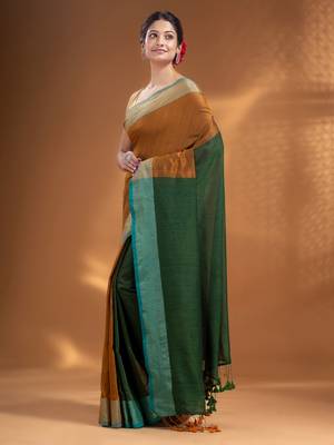 Mustard and Green Half & Half Pure Cotton handwoven soft Saree with zari border 3