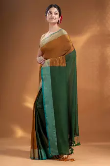 Mustard and Green Half & Half Pure Cotton handwoven soft Saree with zari border