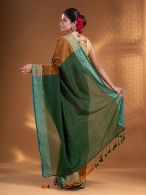 Mustard and Green Half & Half Pure Cotton handwoven soft Saree with zari border 4