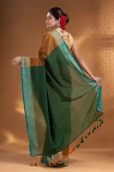 Mustard and Green Half & Half Pure Cotton handwoven soft Saree with zari border