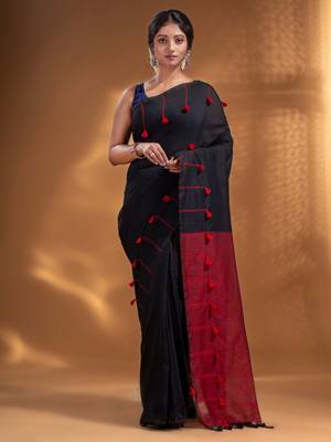 Black Pure Cotton handwoven soft Saree with pompom 1