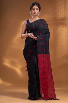 Black Pure Cotton handwoven soft Saree with pompom