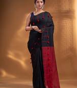 Black Pure Cotton handwoven soft Saree with pompom