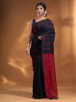 Black Pure Cotton handwoven soft Saree with pompom 2