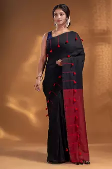 Black Pure Cotton handwoven soft Saree with pompom