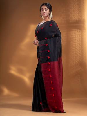Black Pure Cotton handwoven soft Saree with pompom 3