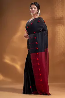 Black Pure Cotton handwoven soft Saree with pompom