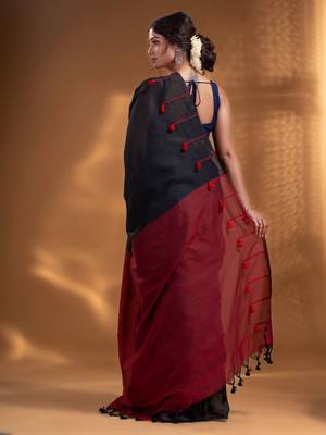 Black Pure Cotton handwoven soft Saree with pompom 4