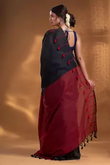 Black Pure Cotton handwoven soft Saree with pompom