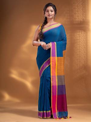 Sapphire Blue Pure Cotton handwoven soft Saree with multicolor pallu 1