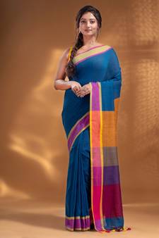 Sapphire Blue Pure Cotton handwoven soft Saree with multicolor pallu