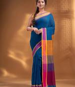 Sapphire Blue Pure Cotton handwoven soft Saree with multicolor pallu
