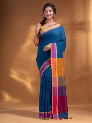 Sapphire Blue Pure Cotton handwoven soft Saree with multicolor pallu 2
