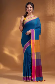 Sapphire Blue Pure Cotton handwoven soft Saree with multicolor pallu