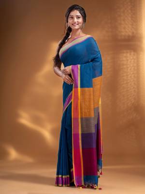 Sapphire Blue Pure Cotton handwoven soft Saree with multicolor pallu 3