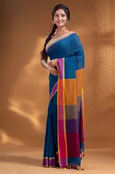 Sapphire Blue Pure Cotton handwoven soft Saree with multicolor pallu