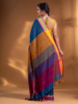 Sapphire Blue Pure Cotton handwoven soft Saree with multicolor pallu 4