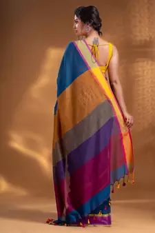 Sapphire Blue Pure Cotton handwoven soft Saree with multicolor pallu