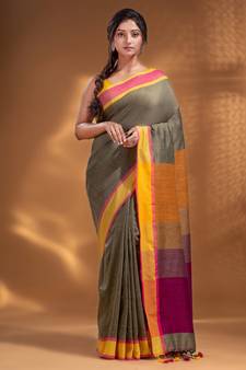 Beige Pure Cotton Woven Design soft Saree with multicolor pallu