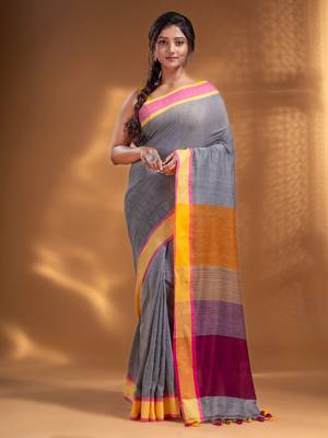 Grey Pure Cotton Woven Design soft Saree with multicolor pallu 1