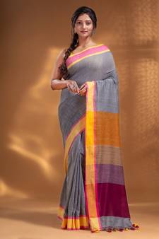 Grey Pure Cotton Woven Design soft Saree with multicolor pallu