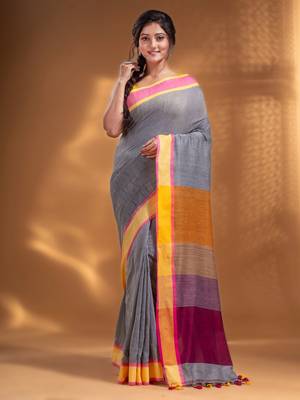 Grey Pure Cotton Woven Design soft Saree with multicolor pallu 2