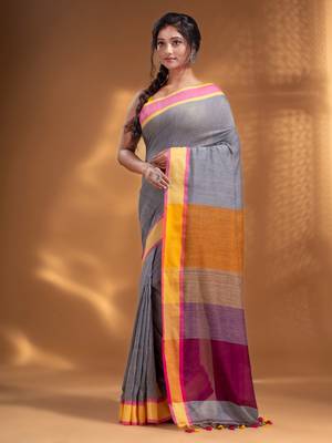 Grey Pure Cotton Woven Design soft Saree with multicolor pallu 3
