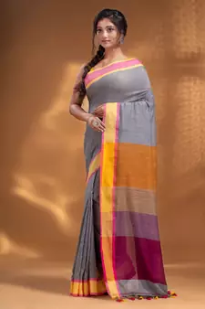 Grey Pure Cotton Woven Design soft Saree with multicolor pallu