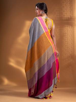 Grey Pure Cotton Woven Design soft Saree with multicolor pallu 4